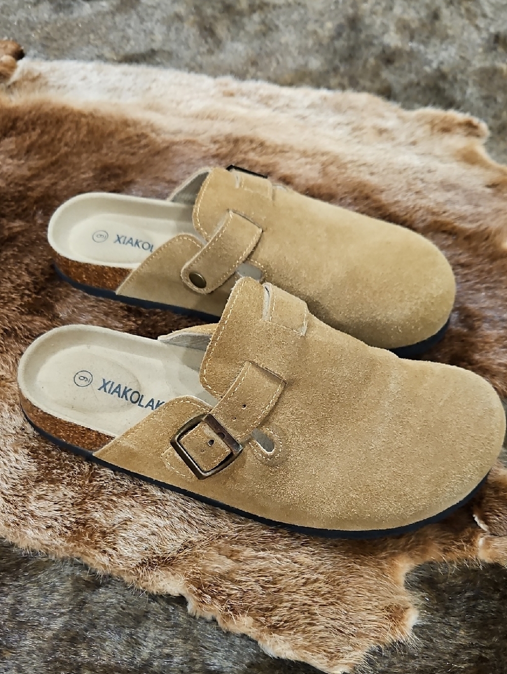XIAKOLAKA Men's Tan Suede Slip-On Clog with Buckle. Size 6